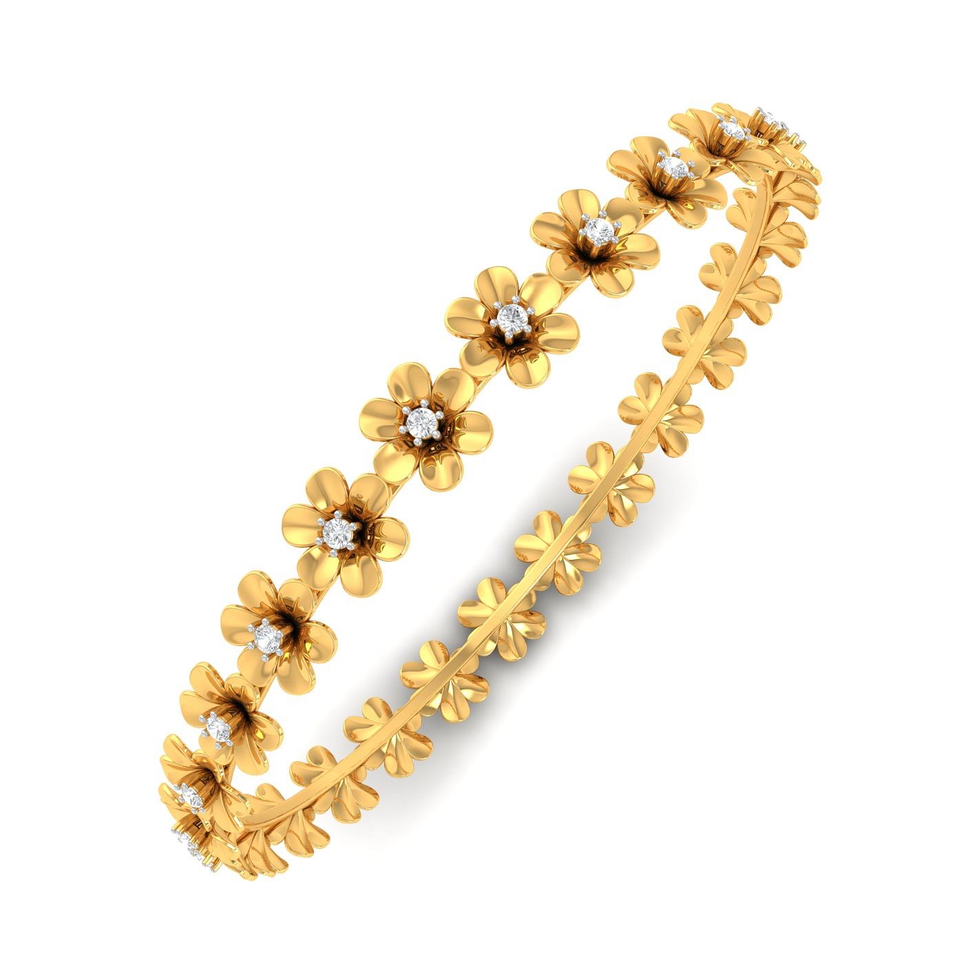 18k Yellow Gold Delicate Blossom Diamond Bangles For Women