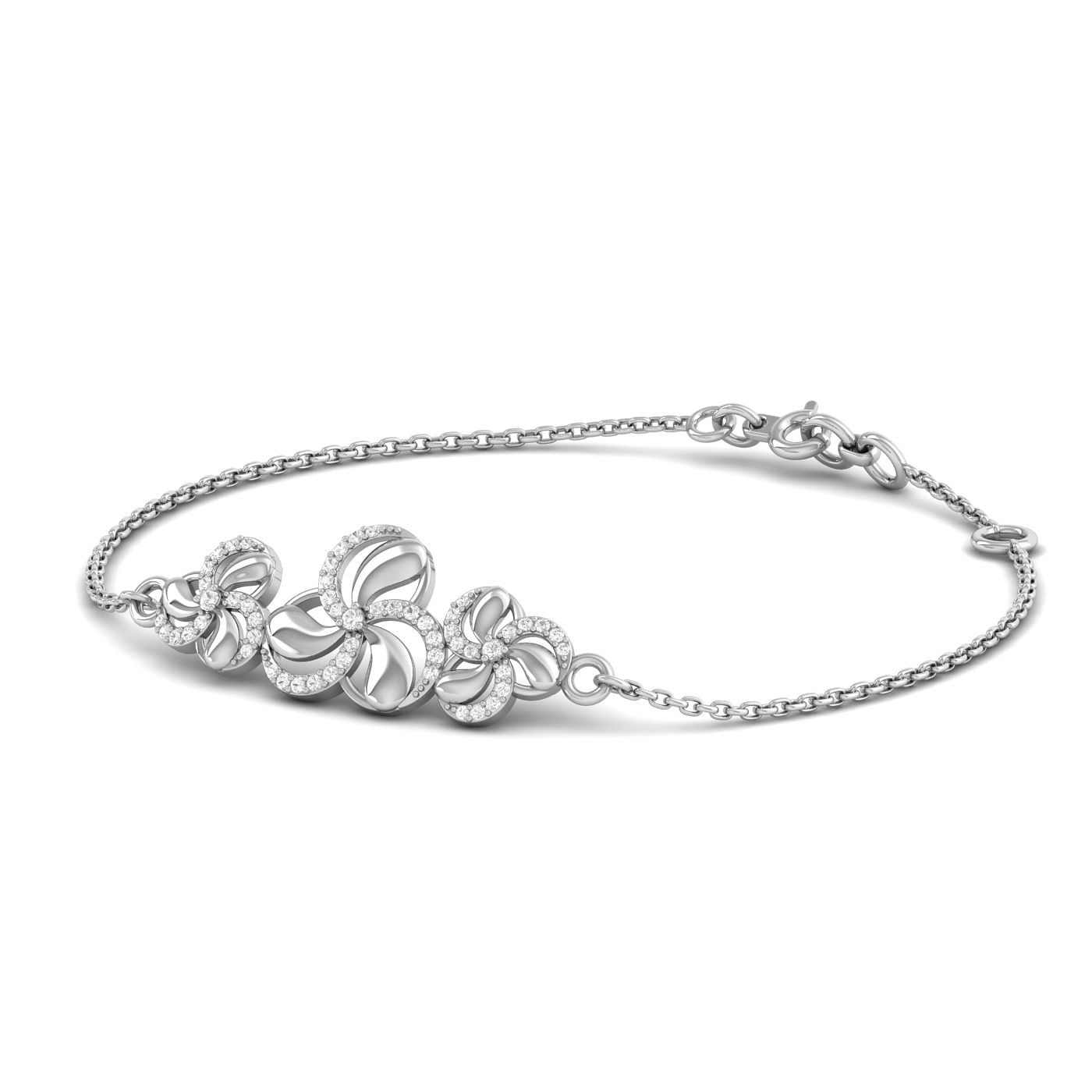 14k White Gold Three Flora Diamond Bracelet For Women