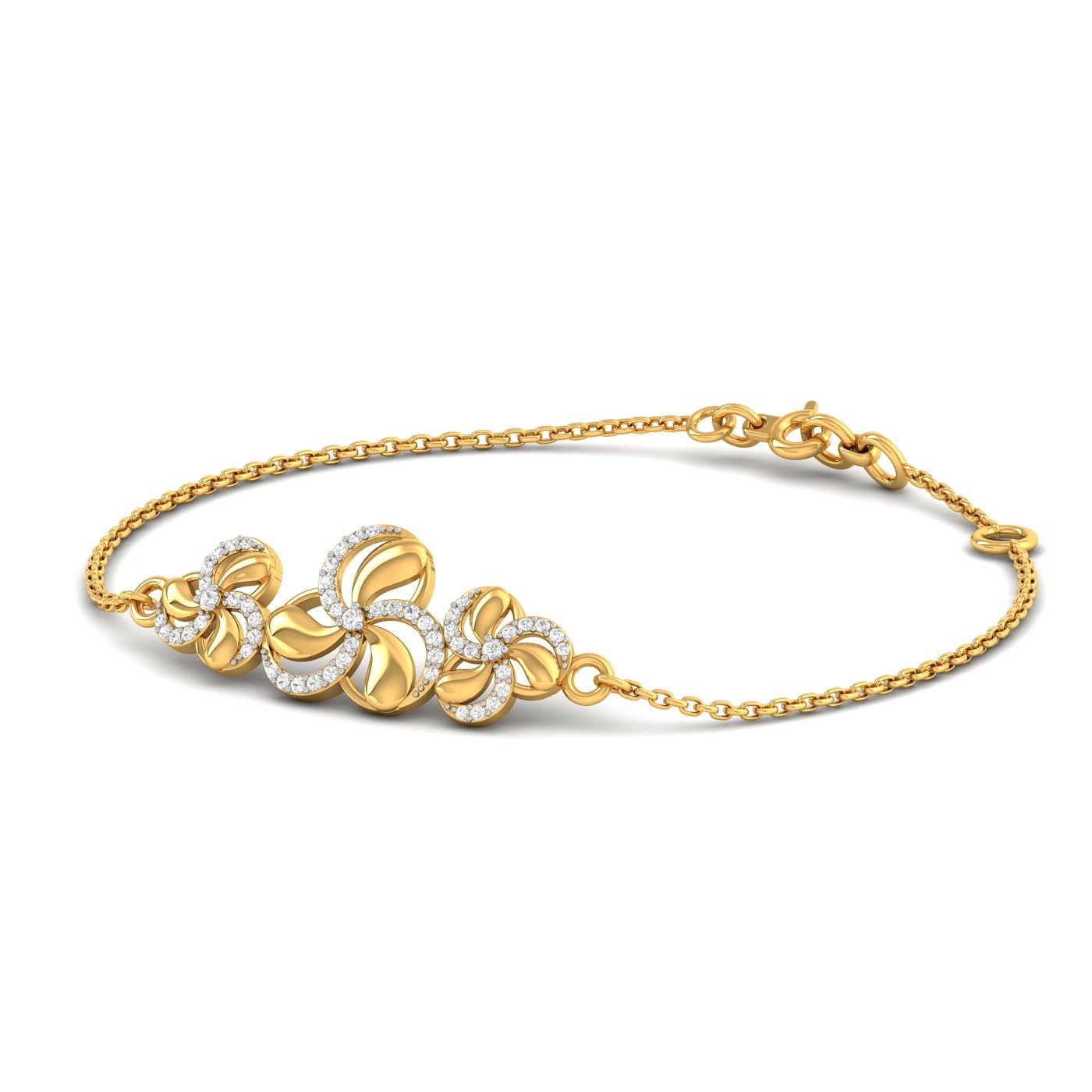 14k Yellow Gold Three Flora Diamond Bracelet For Women