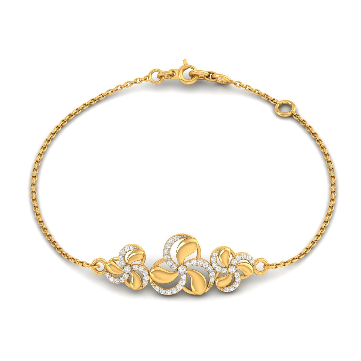 14k Yellow Gold Three Flora Diamond Bracelet For Women