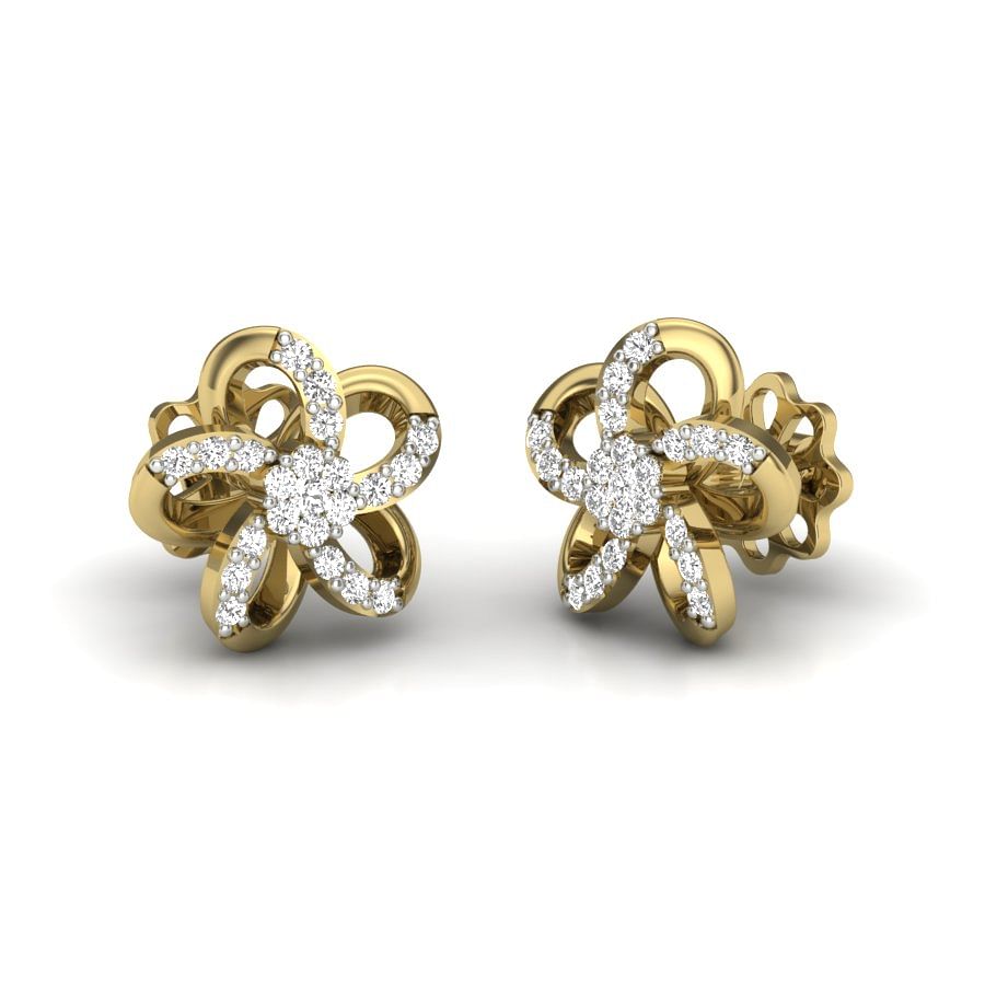 18k Flower Design Yellow Gold Diamond Earring For Women