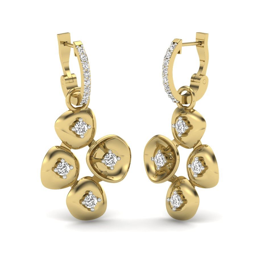 Yellow Gold and Diamond Drop Hoop Earring For Women
