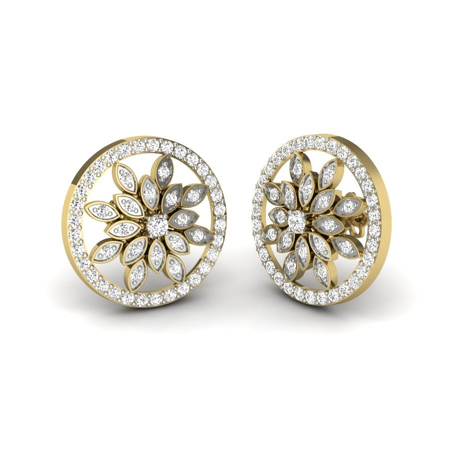 Yellow Gold Petal Design Round Diamond Earring