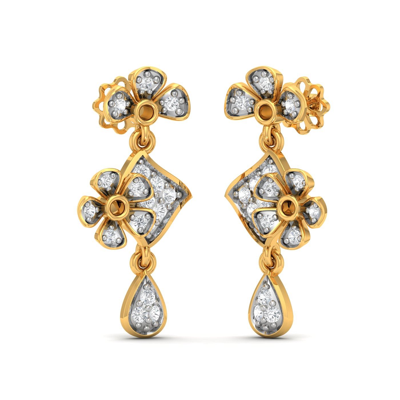 Flower style drop diamond earring set in yellow gold