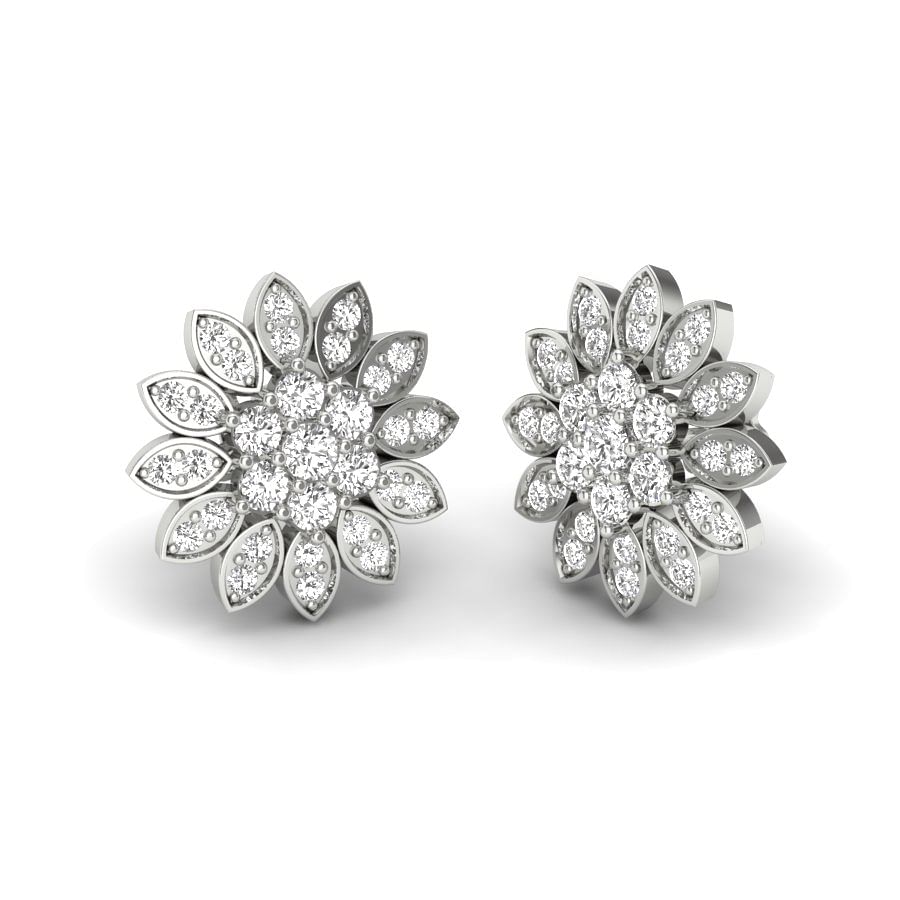 round diamond flower cluster earrings in white gold