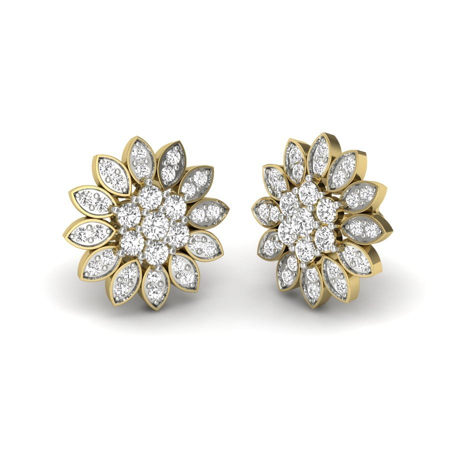round diamond flower cluster earrings in yellow gold