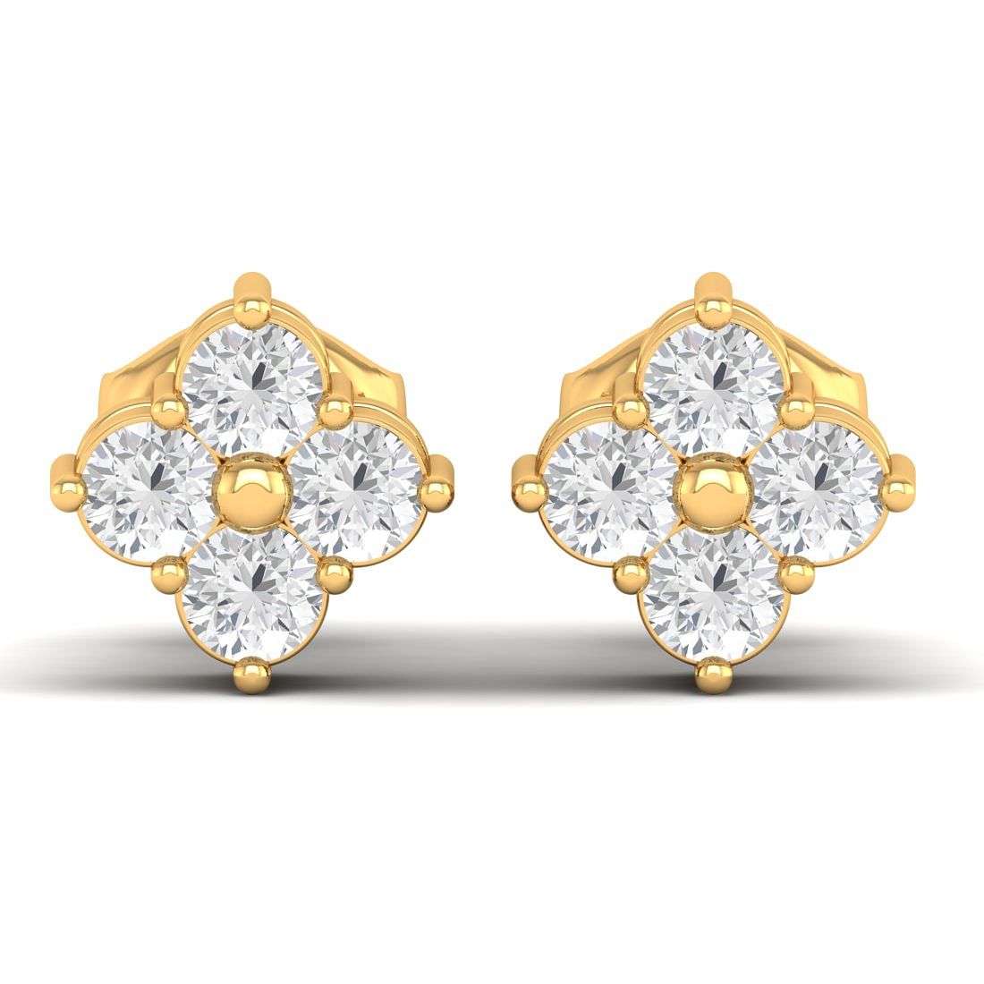 Square Yellow Gold Cluster Stud Diamond Earring For Women