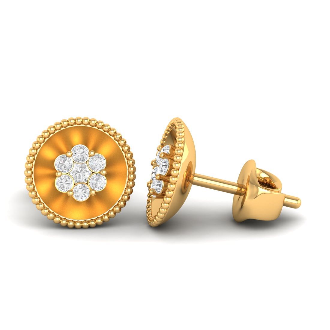 18k Yellow Gold Floret Diamond Stud Earrings For Women