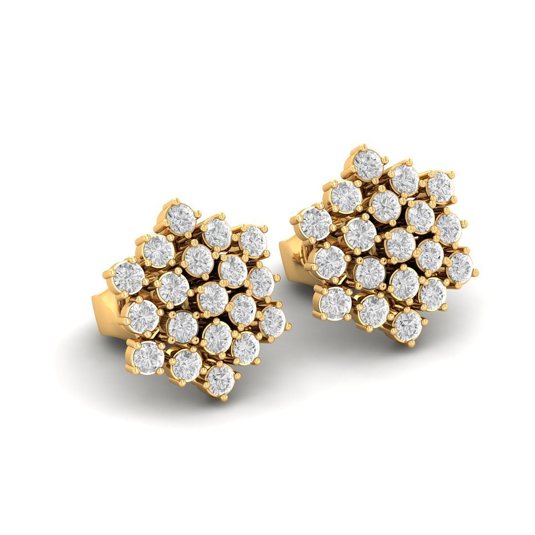 Yellow Gold Flower Diamond Cluster stud earring for women