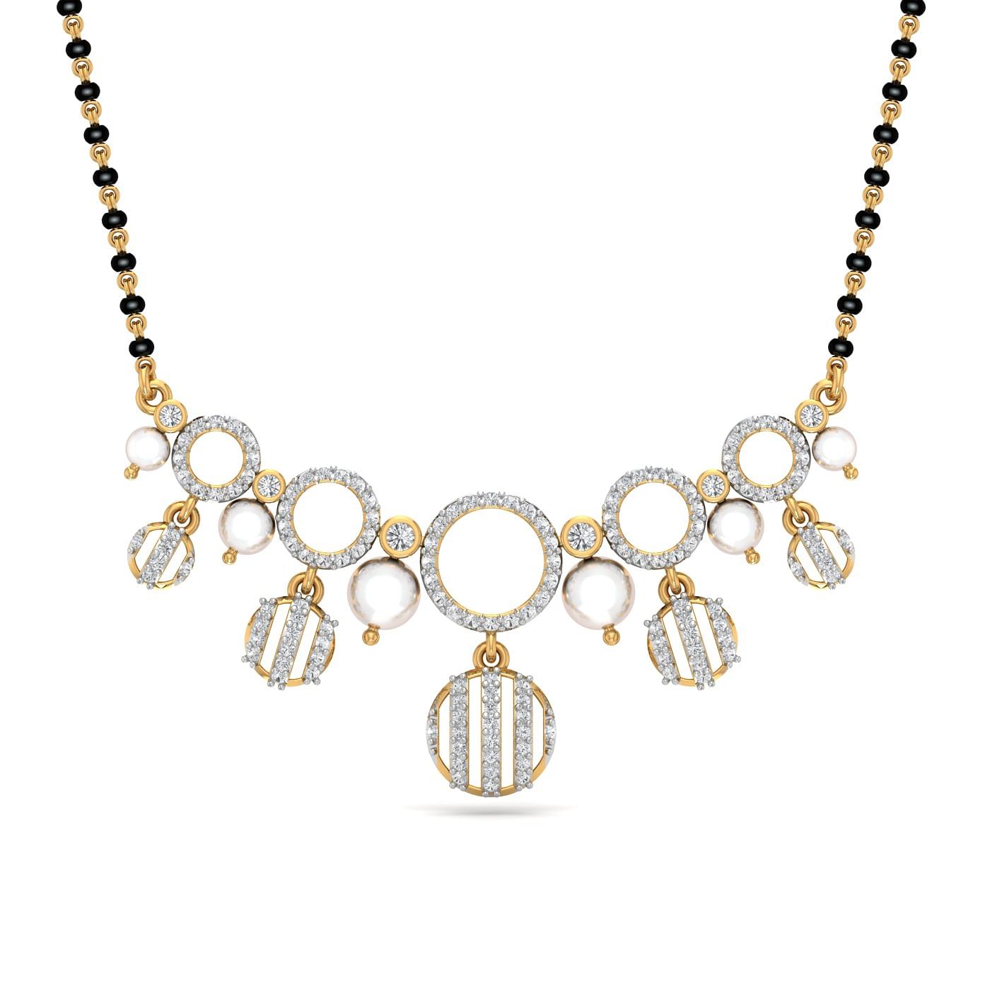 modern design pearl and diamond mangalsutra for women with yellow gold