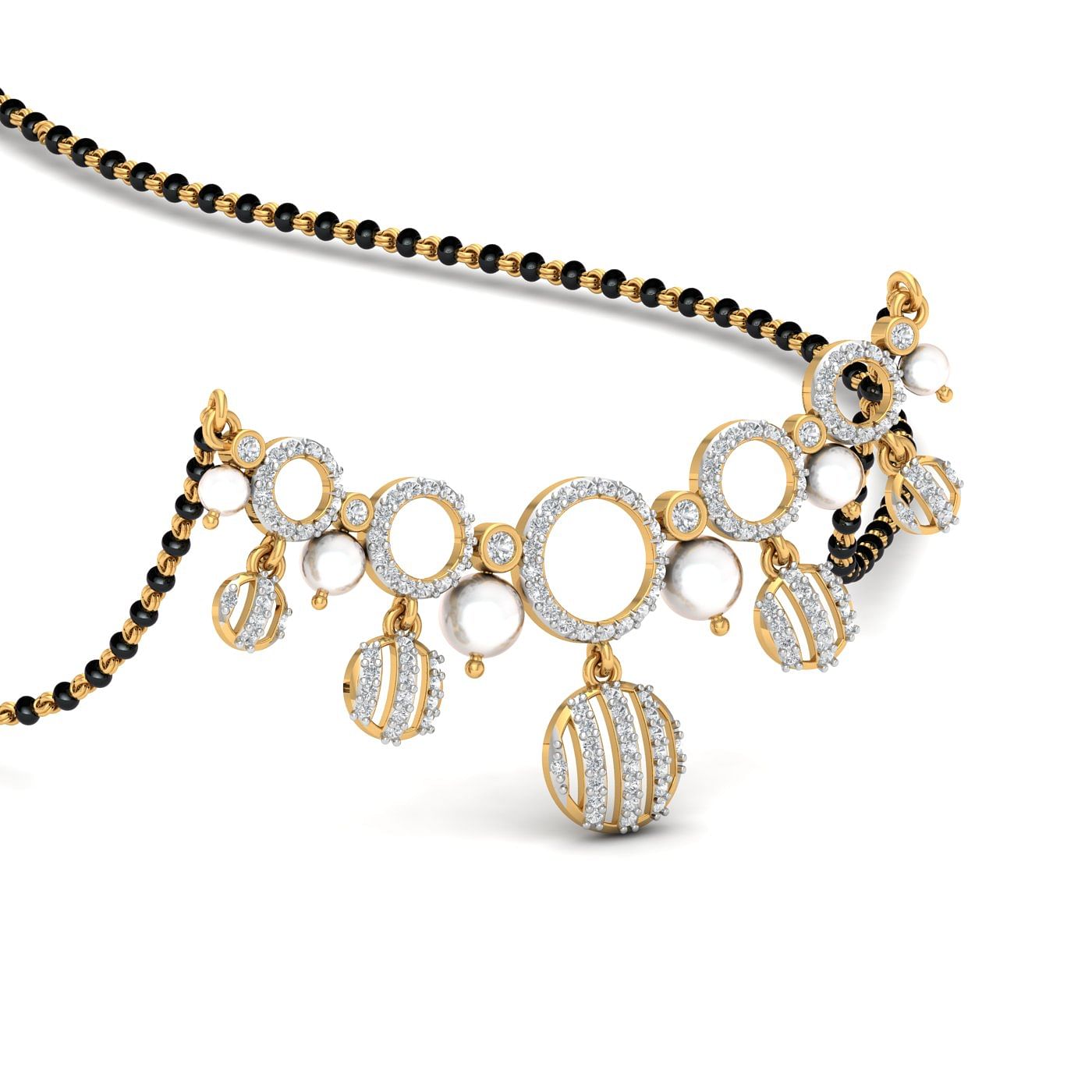 modern design pearl and diamond mangalsutra for women with yellow gold