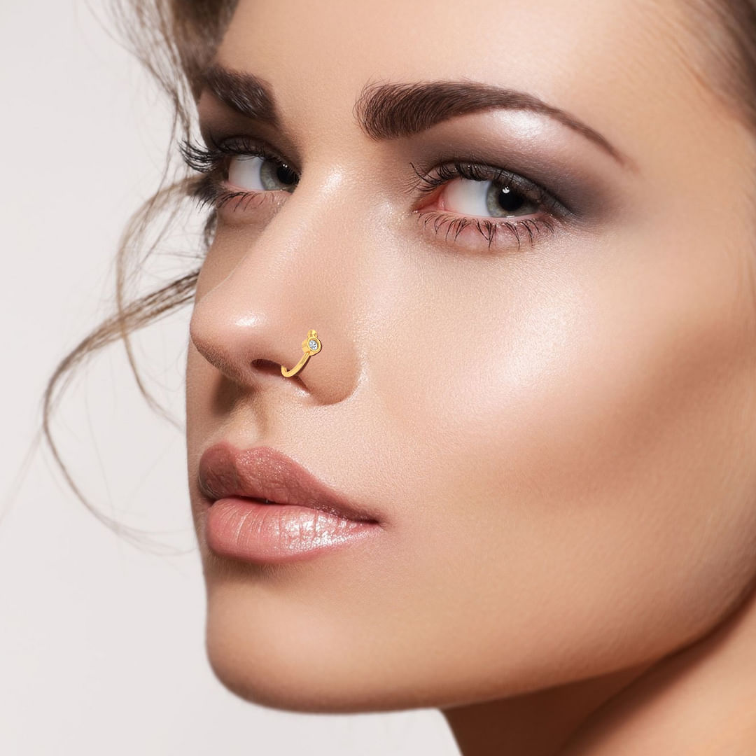Yellow Gold Single Stone Nose Ring  | Karvi Diamond Nose Ring