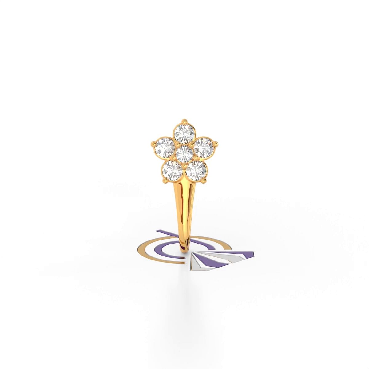 Yellow gold screw design fleur blossom diamond nose pin