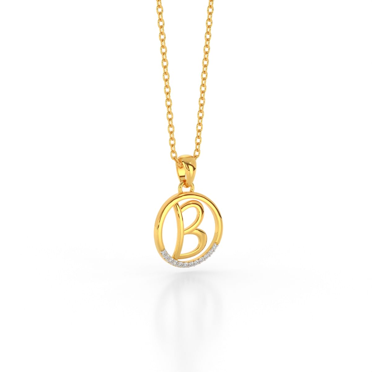 B Letter Round Design Yellow Gold Diamond Pendant