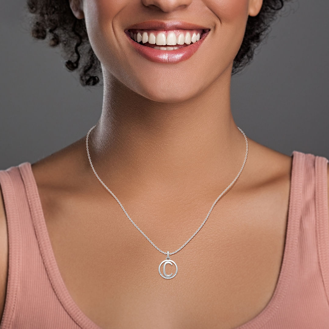 C letter white gold diamond pendant for women