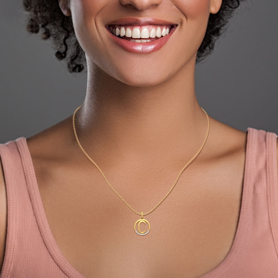 C letter yellow gold diamond pendant for women