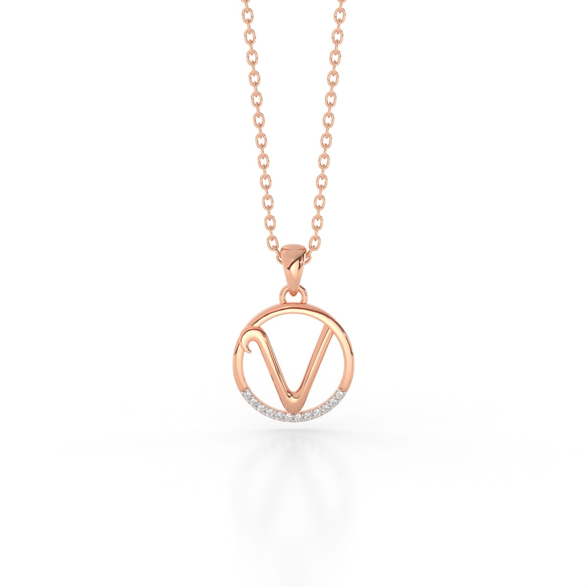 V letter rose gold diamond pendant