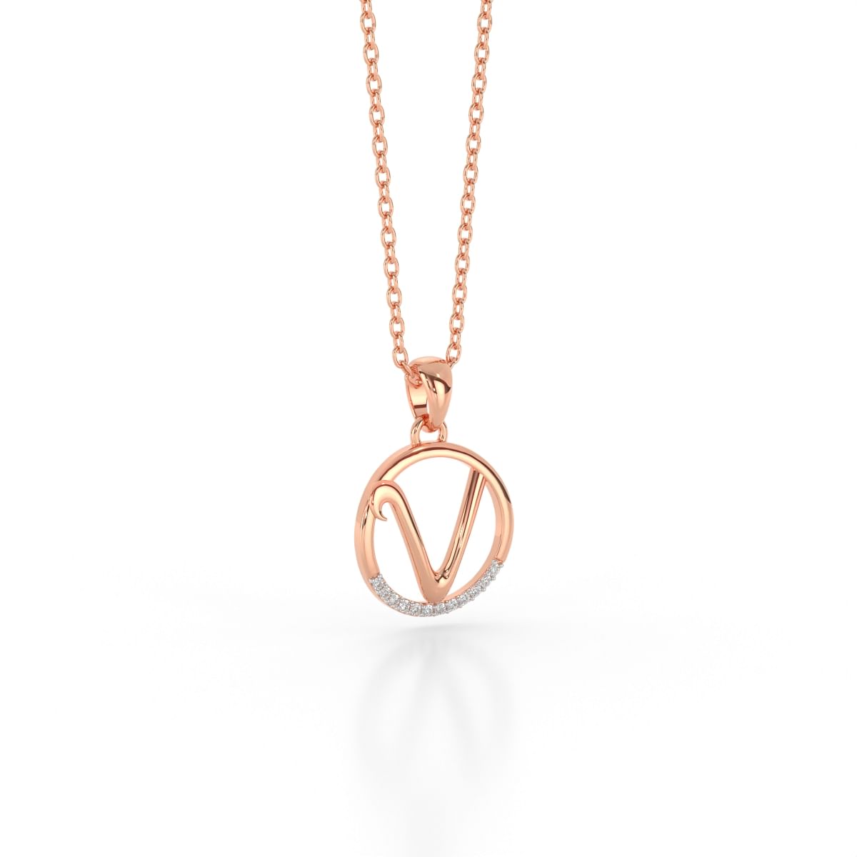 V letter rose gold diamond pendant