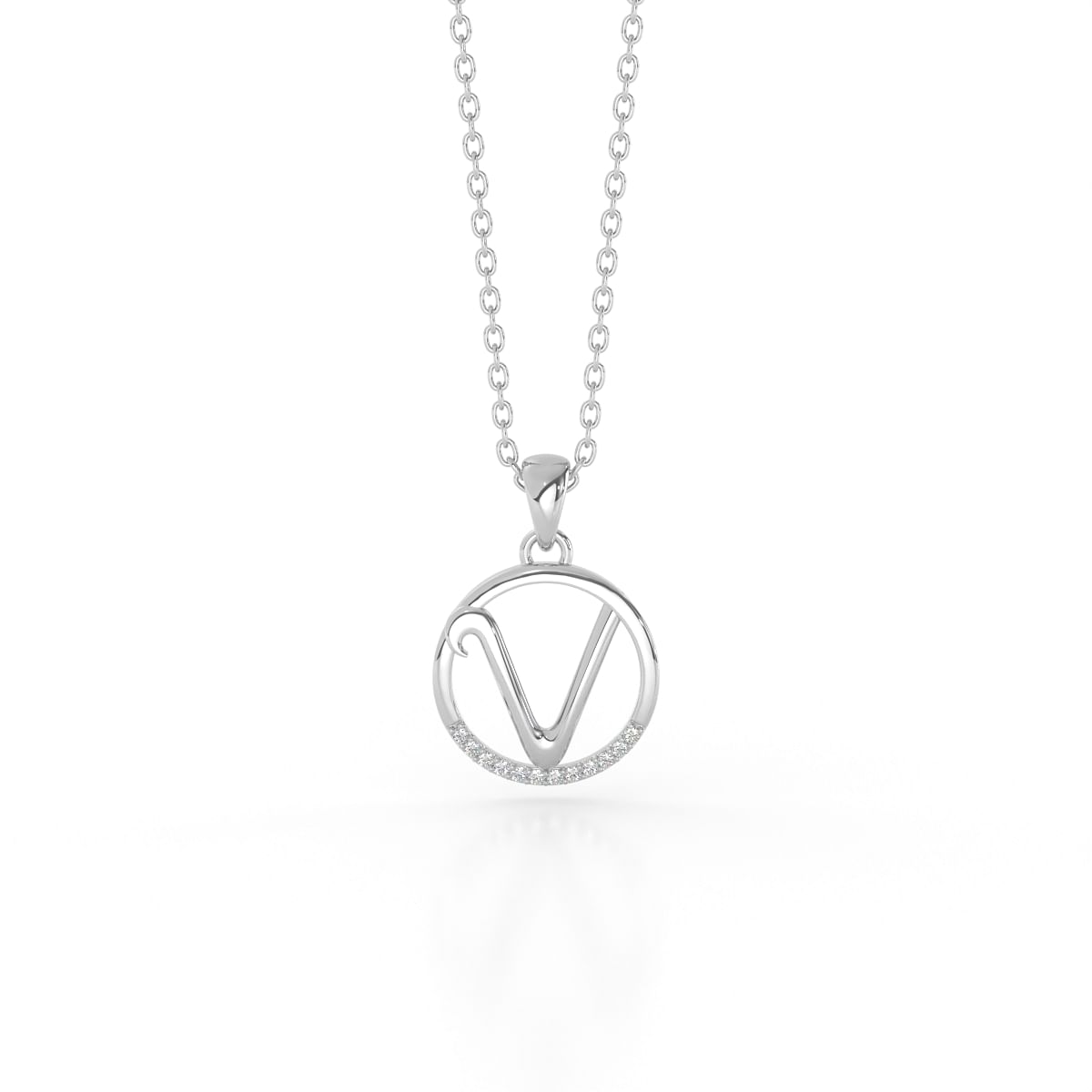 V letter white gold diamond pendant