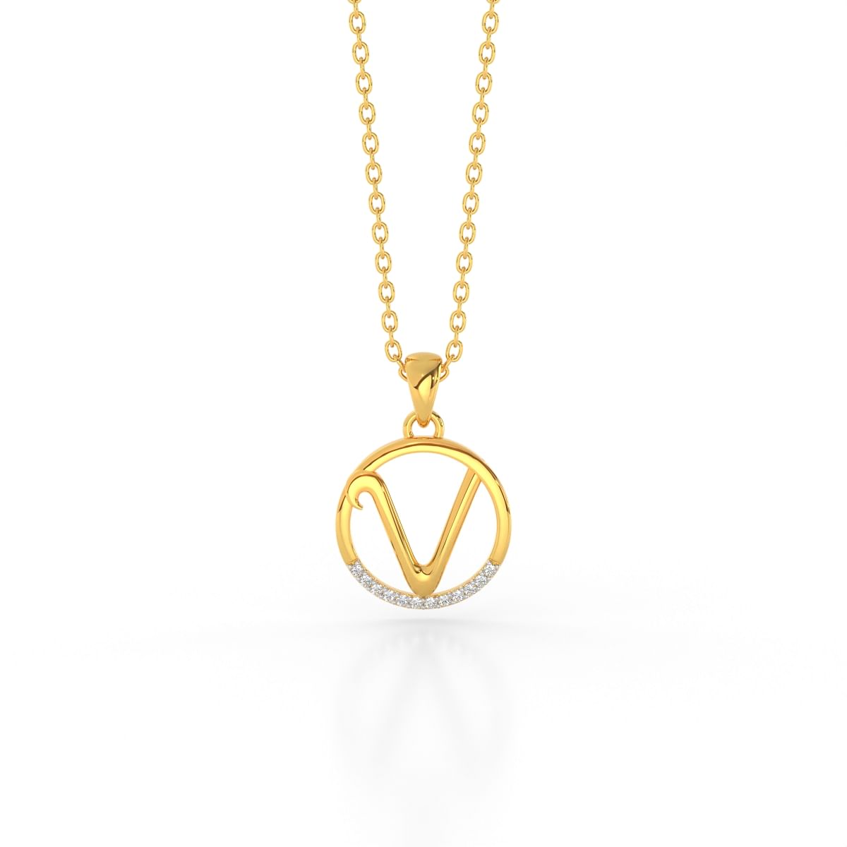 V letter yellow gold diamond pendant