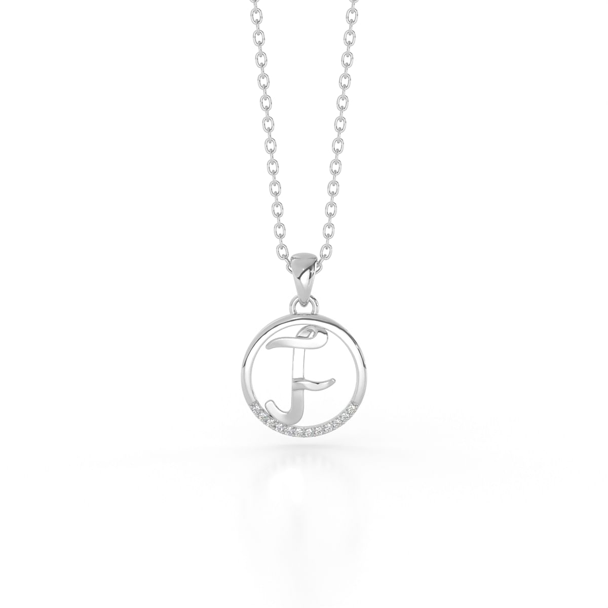 F letter diamond pendant in white gold