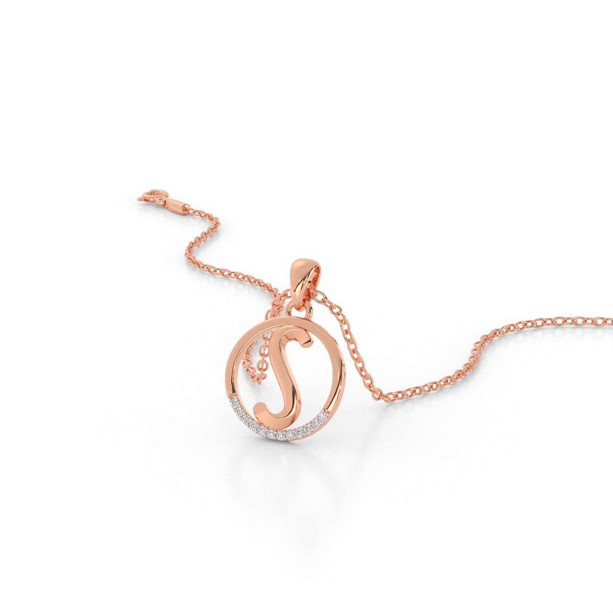 S letter diamond pendant for women in rose gold
