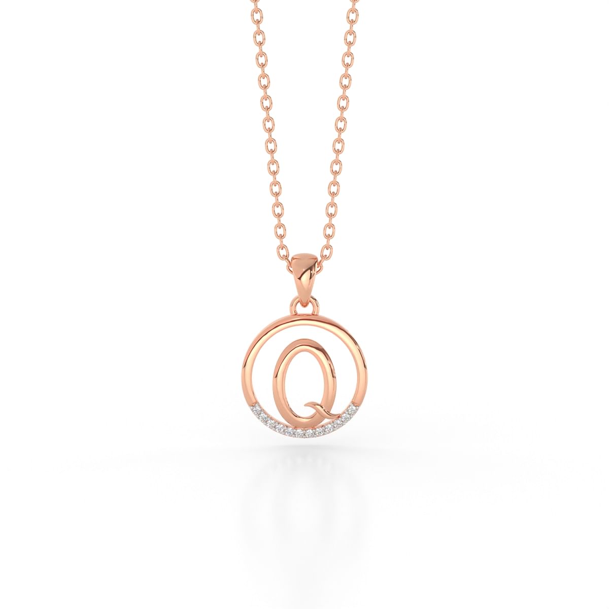 Q letter alphabet diamond pendant in rose gold