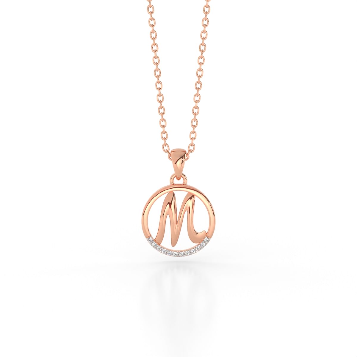 m letter diamond pendant in rose gold