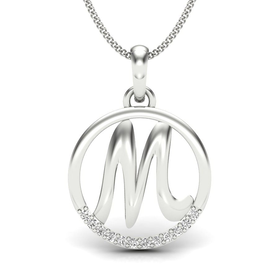 m letter diamond pendant in white gold
