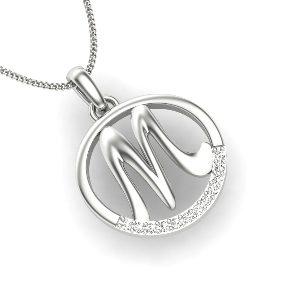 m letter diamond pendant in white gold