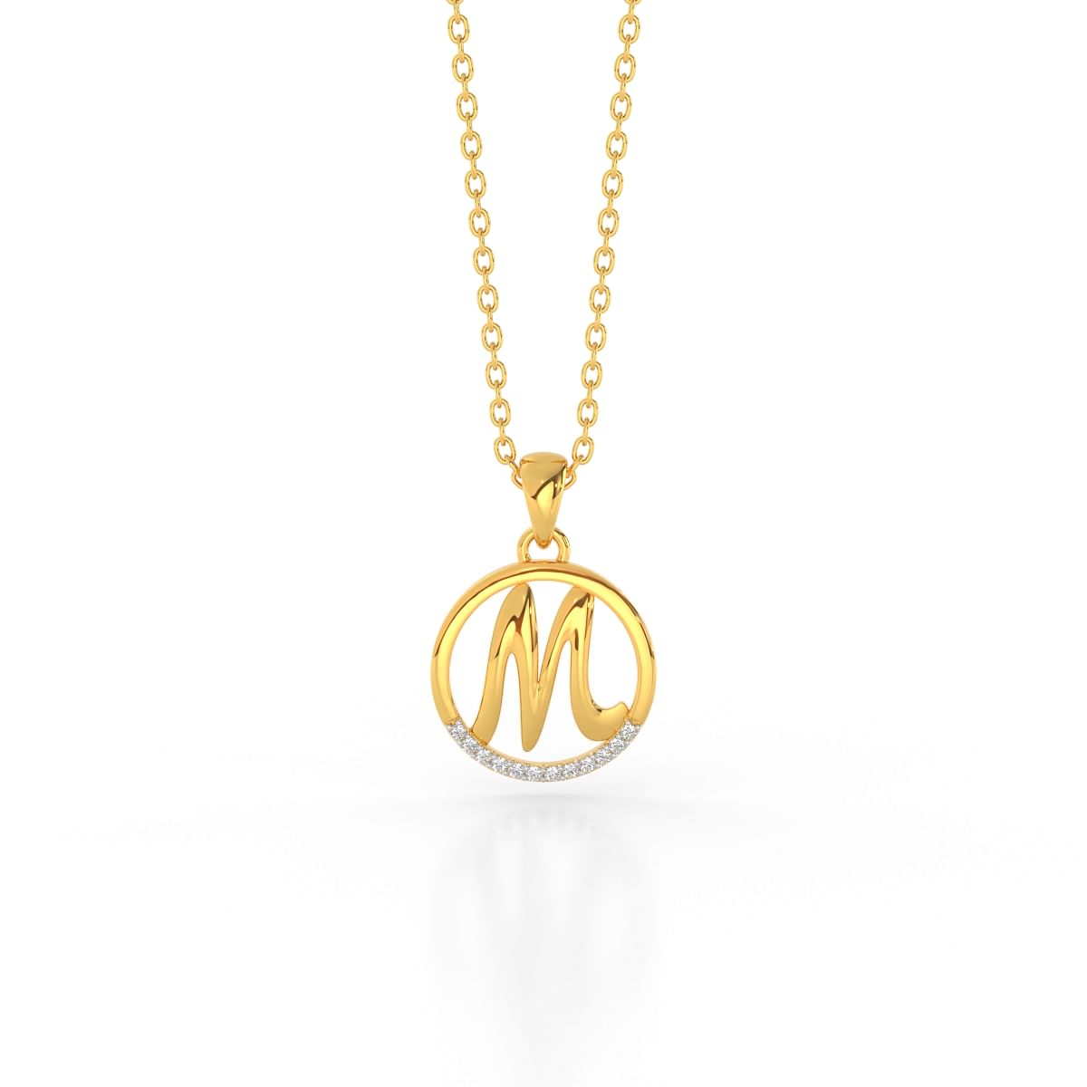 m letter diamond pendant in yellow gold