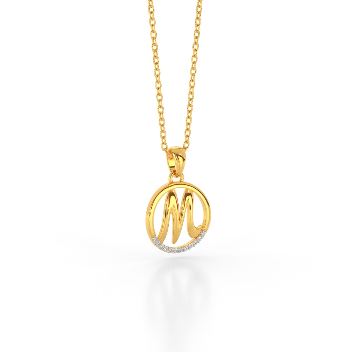 m letter diamond pendant in yellow gold
