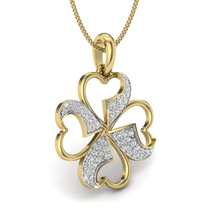 Flower Heart Design Yellow Gold Diamond Pendant