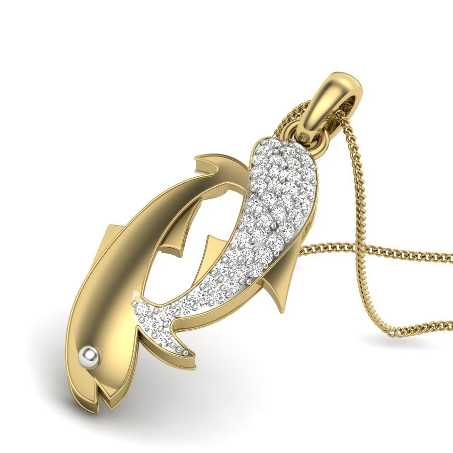 Fishes Design Diamond Pendant In Yellow Gold
