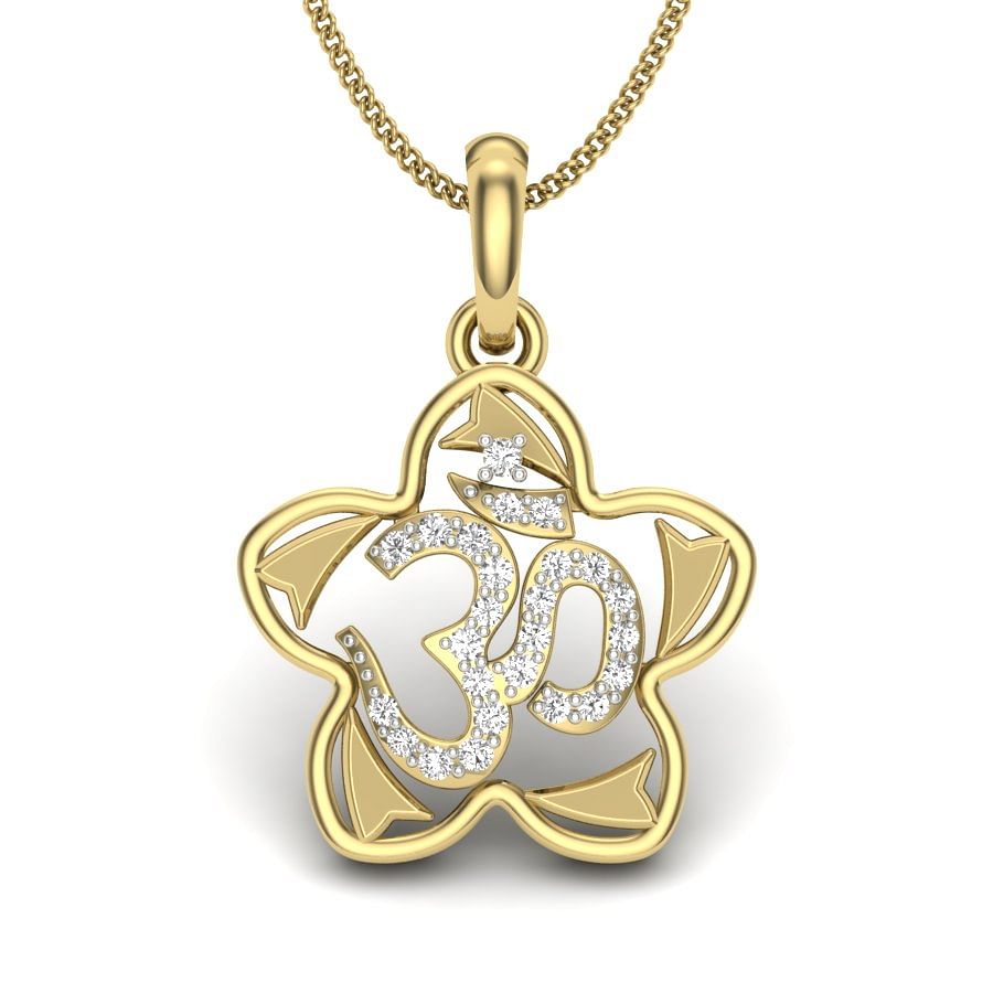 Flower Design Om Diamond Pendant With Yellow Gold