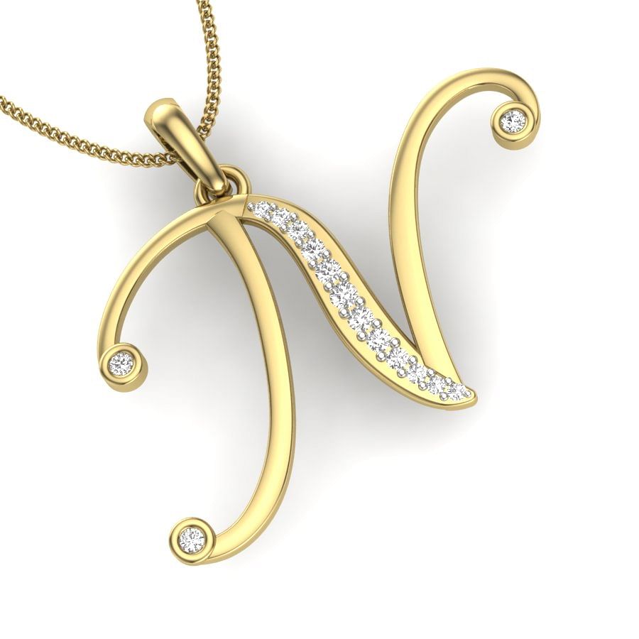 N Alphabet Letter diamond pendant with yellow gold