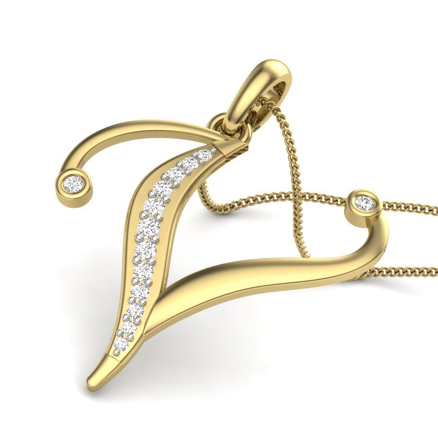 V alphabet letter diamond pendant with yellow gold