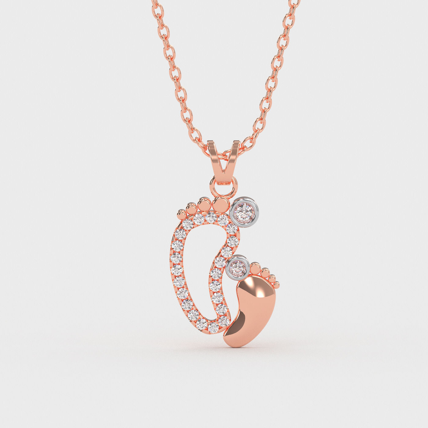Rose Gold Mother And Baby Footsteps Diamond Pendant For Kids