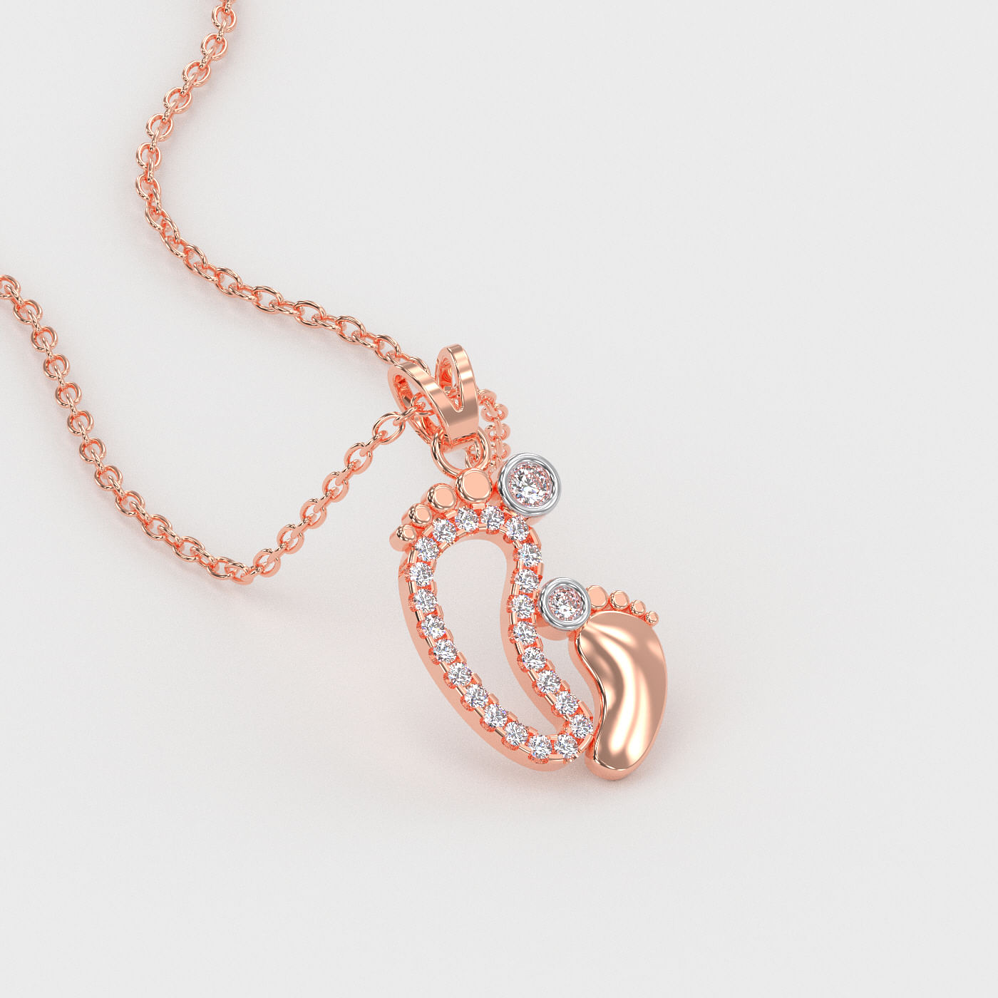 Rose Gold Mother And Baby Footsteps Diamond Pendant For Kids