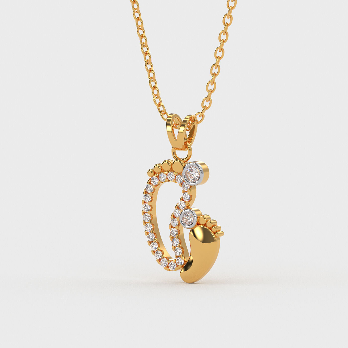 Yellow Gold Mother And Baby Footsteps Diamond Pendant For Kids