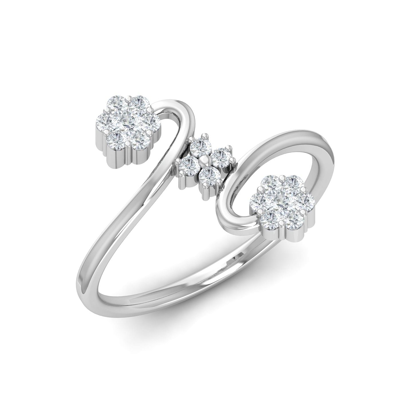 Three Flower Design Diamond Ring With White Gold
