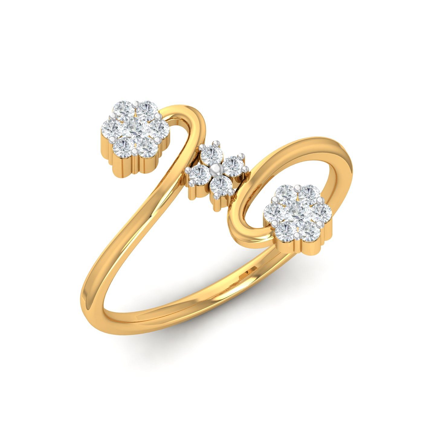 Three Flower Design Diamond Ring With Yellow Gold
