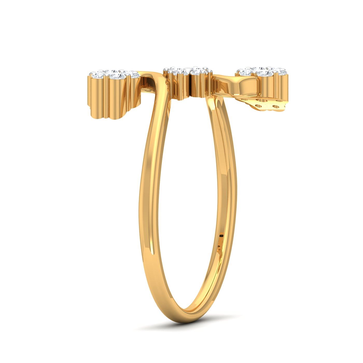 Three Flower Design Diamond Ring With Yellow Gold