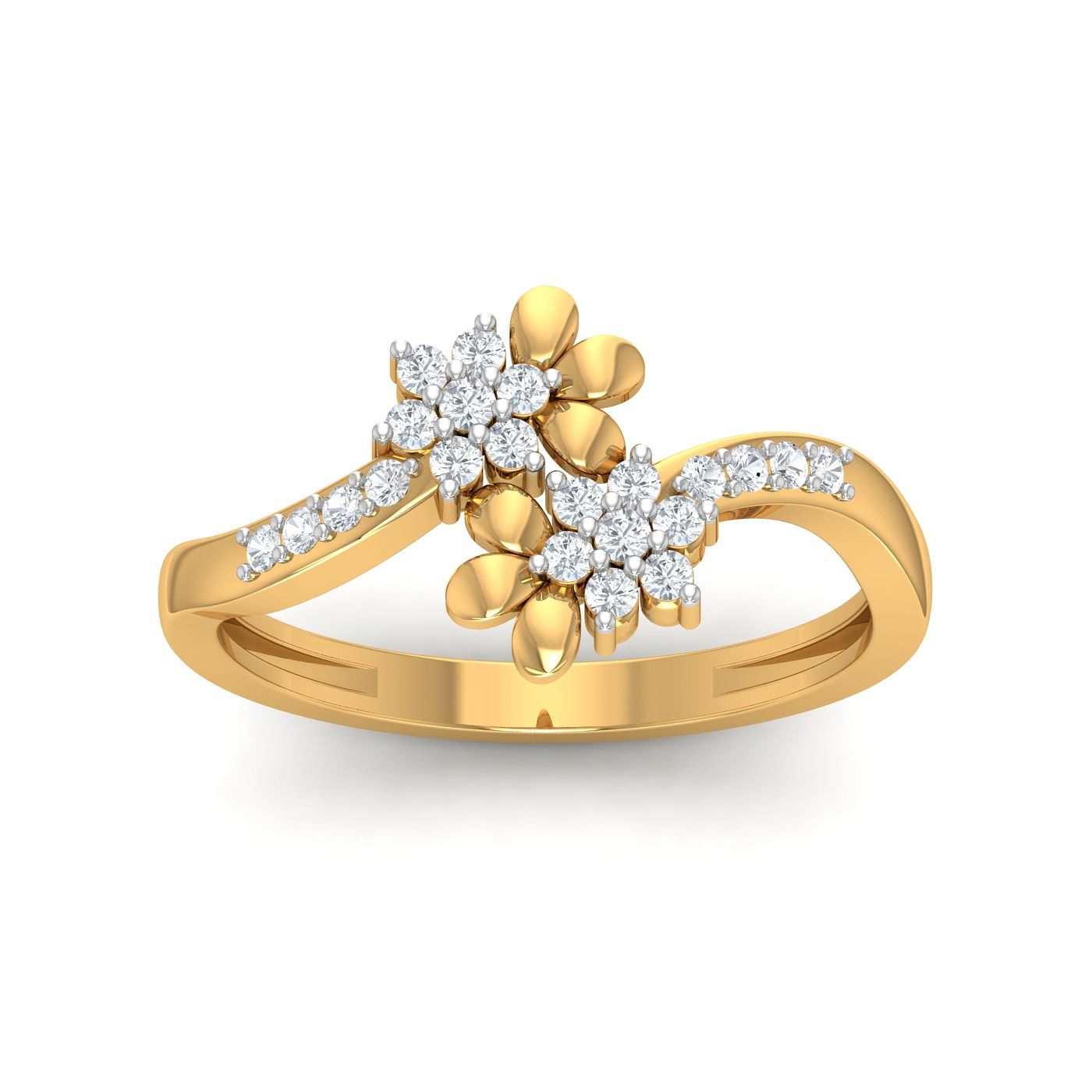 Dual Flower Cluster Diamond Yellow Gold Ring