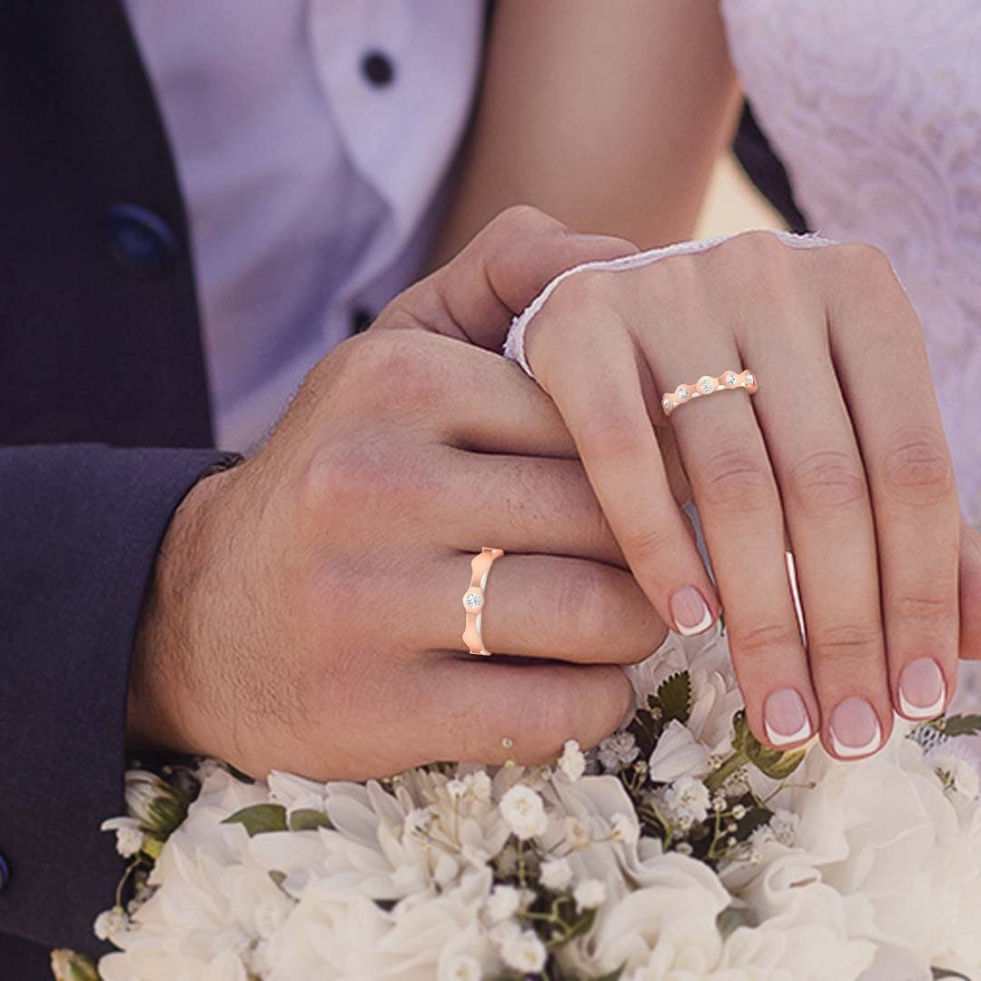 Wavy Couple Diamond Wedding Ring With Rose Gold
