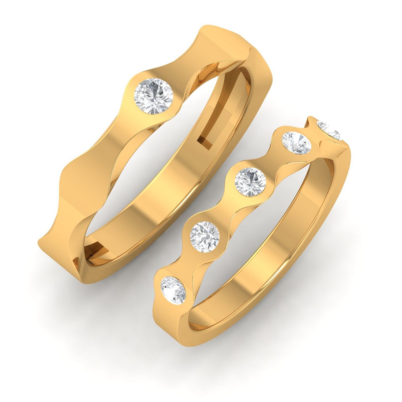 Wavy Couple Diamond Wedding Ring With Yellow Gold