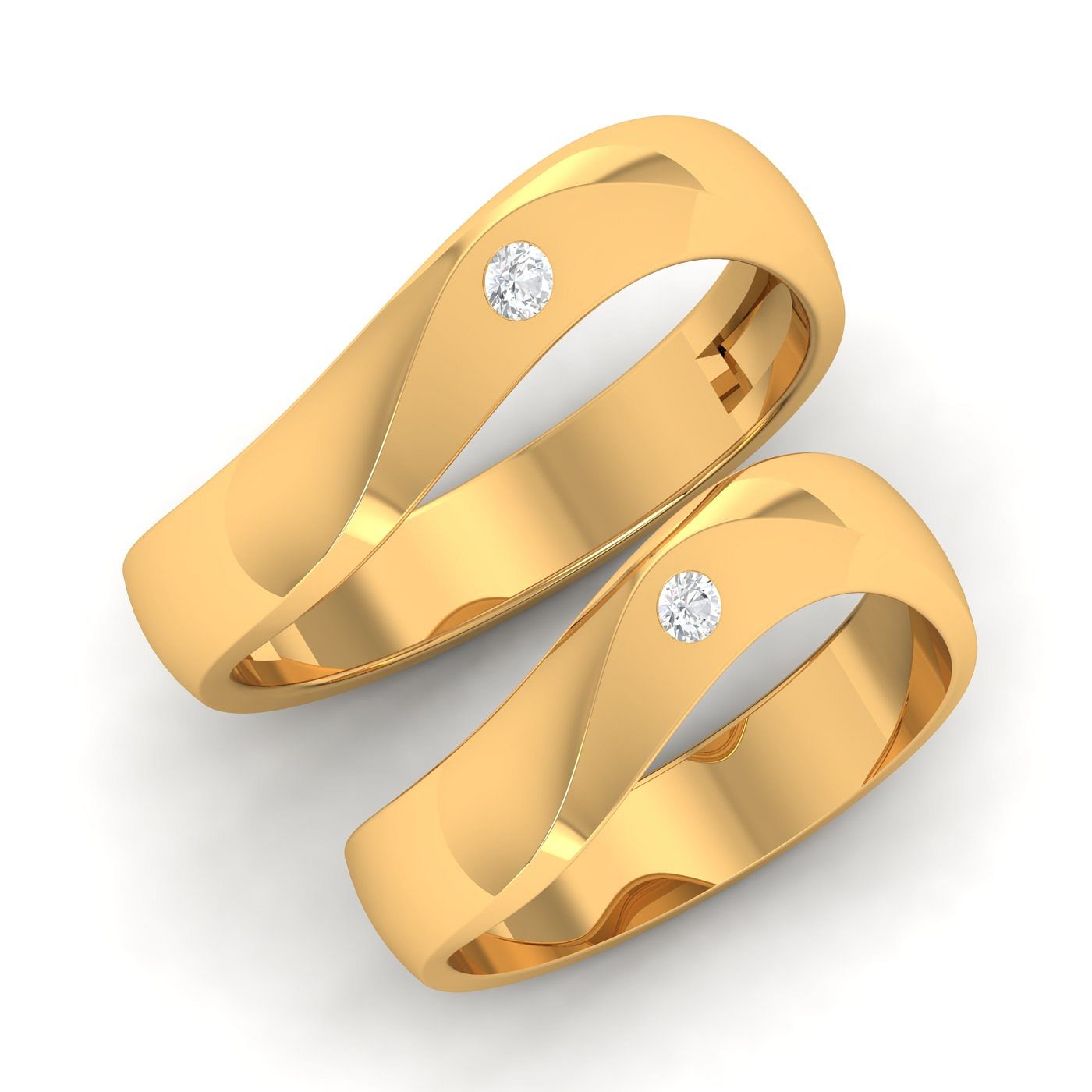 Single Diamond Yellow Gold Curvy Couple Band Rings