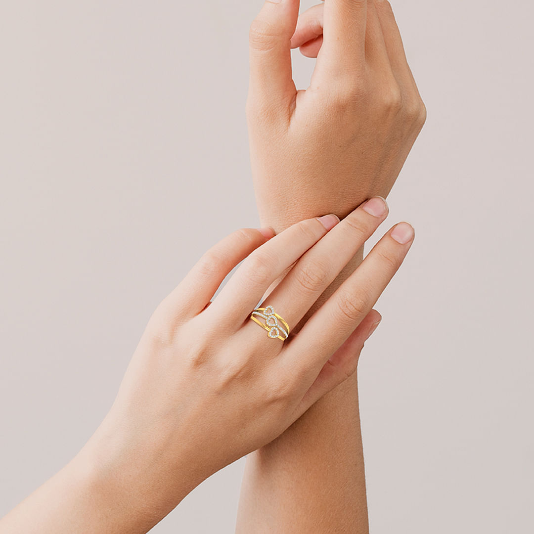 Trio Heart Couple Diamond Ring Gift Yellow Gold Jewellery For Women
