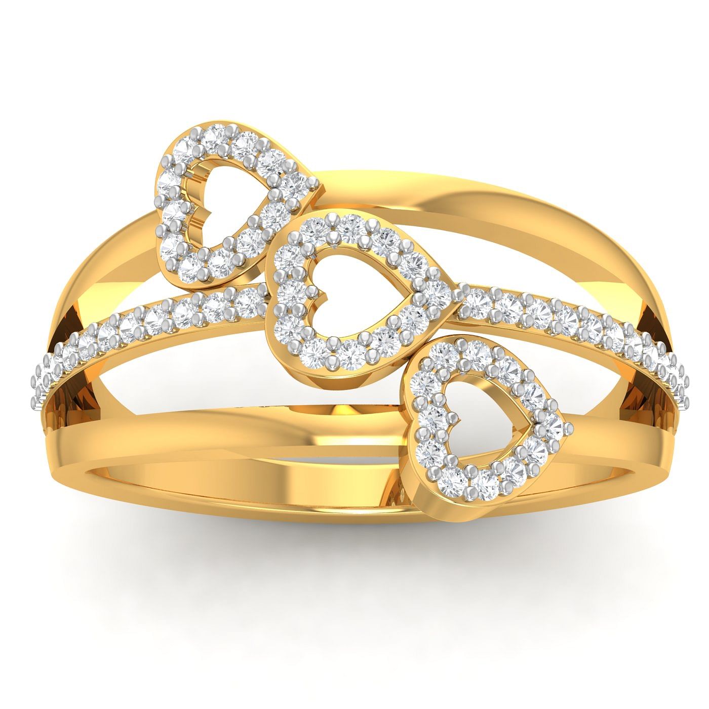 Trio Heart Couple Diamond Ring Gift Yellow Gold Jewellery For Women