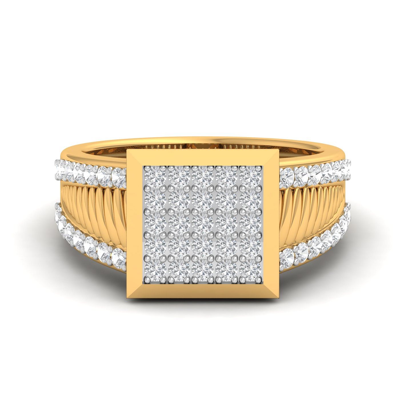 18k Yellow Gold Diamond Square Cluster Men's Ring For Wedding